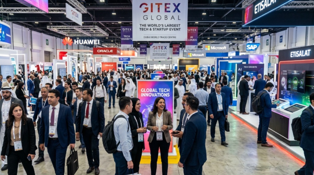 Attendees networking and exploring technology exhibits at GITEX Global conference in Dubai