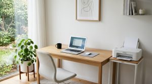 White printer sits on compact printer stand next to minimalist home office desk.