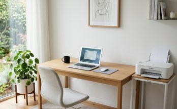 White printer sits on compact printer stand next to minimalist home office desk.