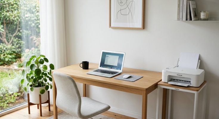 White printer sits on compact printer stand next to minimalist home office desk.