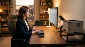 Person typing on keyboard at spacious desk with printer organized on side table.