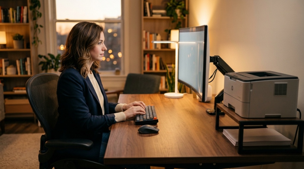 Person typing on keyboard at spacious desk with printer organized on side table.