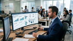 A real estate investment manager reviewing portfolio performance dashboards on a desktop investment management software platform in a US office