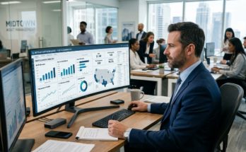 A real estate investment manager reviewing portfolio performance dashboards on a desktop investment management software platform in a US office