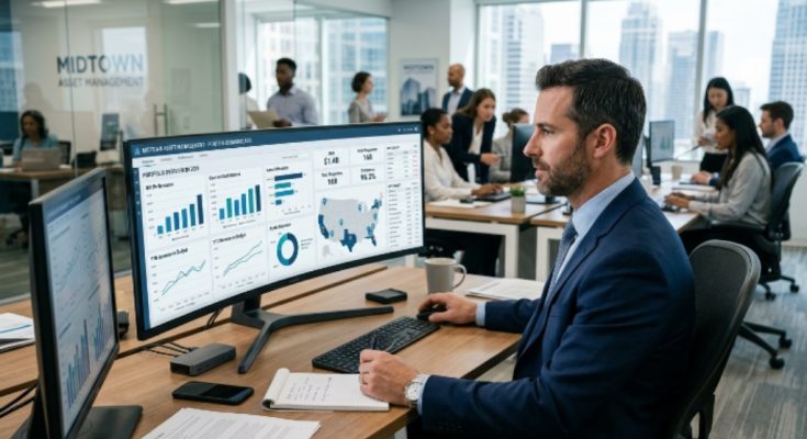 A real estate investment manager reviewing portfolio performance dashboards on a desktop investment management software platform in a US office