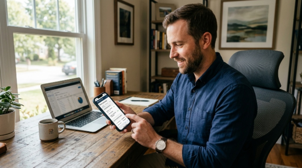 An investor logging into a mobile-friendly real estate investor portal to check distribution reports and capital account balances