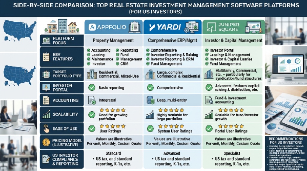 Side-by-side comparison chart of top real estate investment management software platforms including AppFolio, Yardi, and Juniper Square for US investors