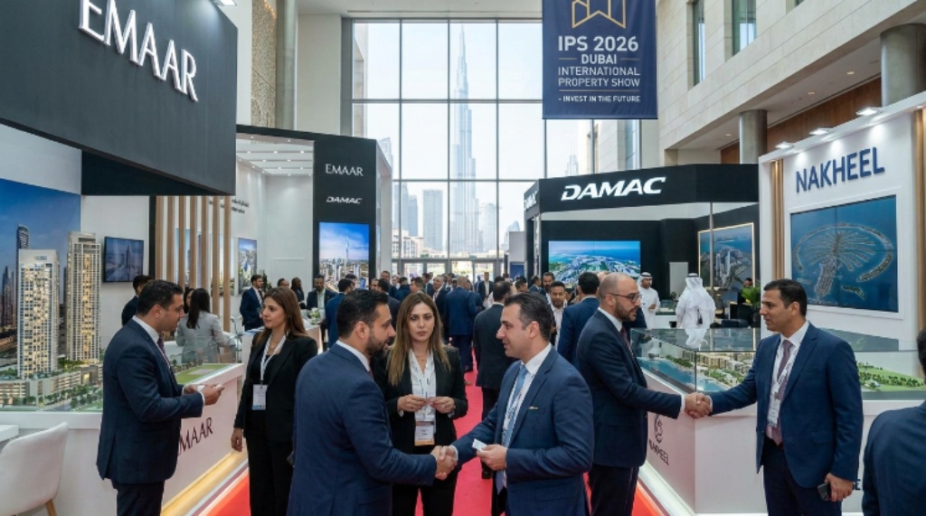Real estate developers and investors networking at IPS 2026 property exhibition in Dubai