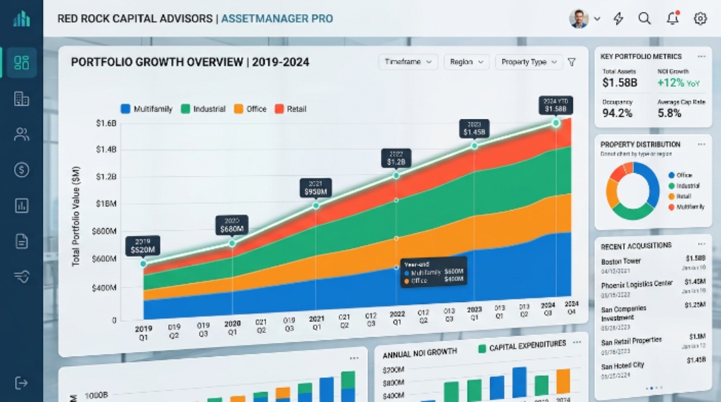A chart showing real estate portfolio growth tracked through investment management software used by a US commercial real estate firm