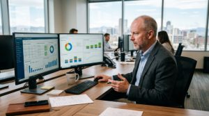 A US real estate investment manager reviewing portfolio performance dashboards on real estate investment management software at a desktop workstation