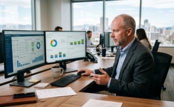 A US real estate investment manager reviewing portfolio performance dashboards on real estate investment management software at a desktop workstation