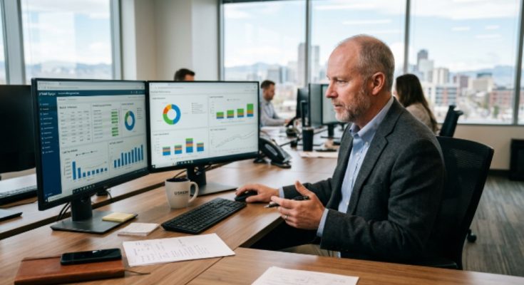 A US real estate investment manager reviewing portfolio performance dashboards on real estate investment management software at a desktop workstation