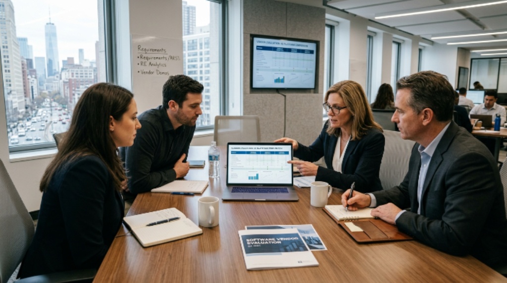A team of real estate fund managers comparing software platforms on a laptop during a vendor evaluation meeting in a US office