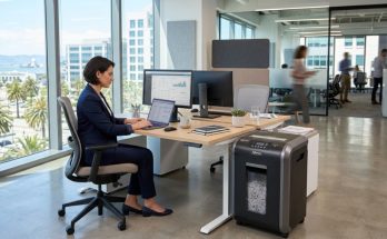 Modern office paper shredder standing next to a corporate desk.