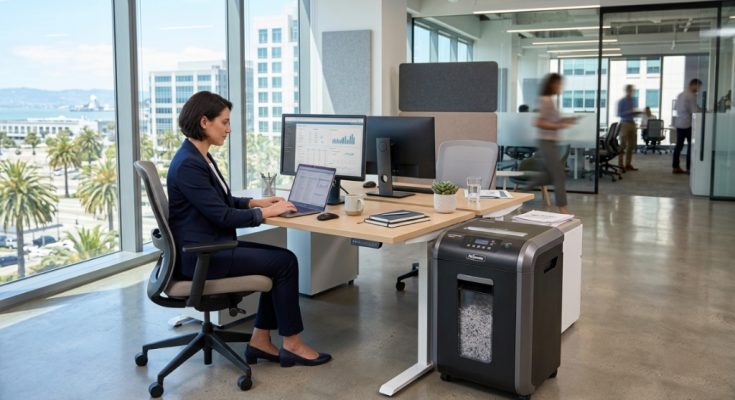 Modern office paper shredder standing next to a corporate desk.