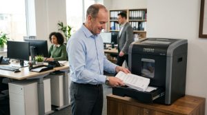 Office employee inserting a stack of documents into a commercial shredder.