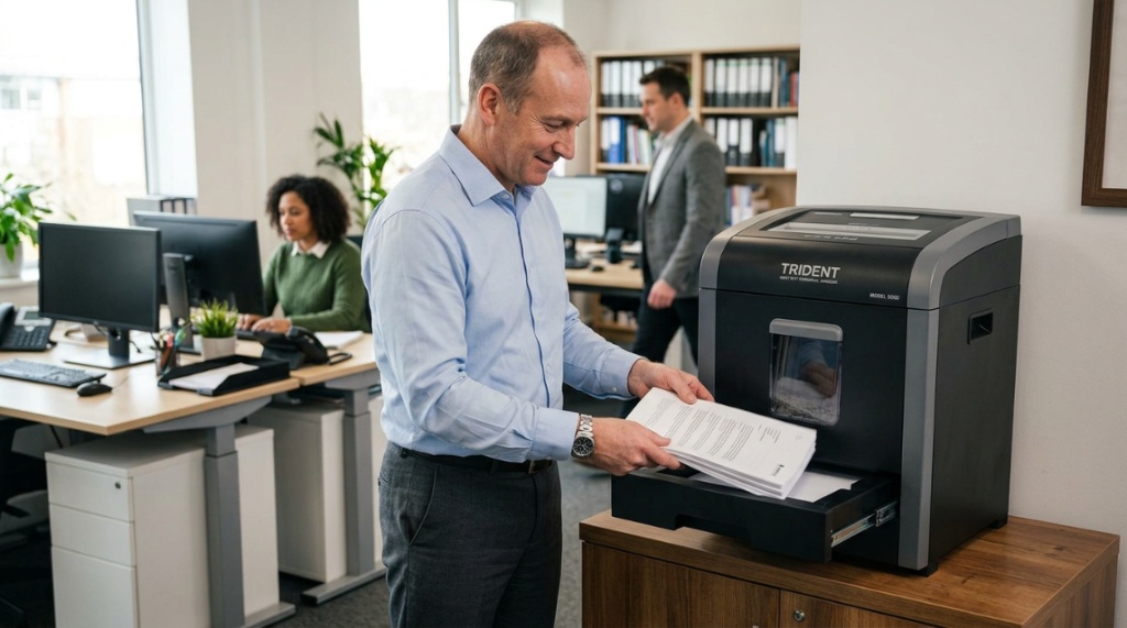 Office employee inserting a stack of documents into a commercial shredder.