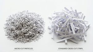 Side by side comparison of cross cut and micro cut shredded paper.