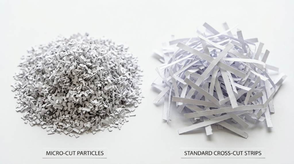 Side by side comparison of cross cut and micro cut shredded paper.