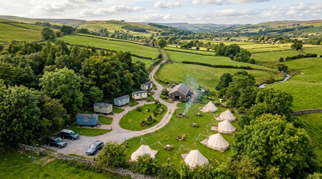 An aerial view of a small glamping site in the British countryside with shepherd huts and bell tents surrounded by woodland and rolling hills