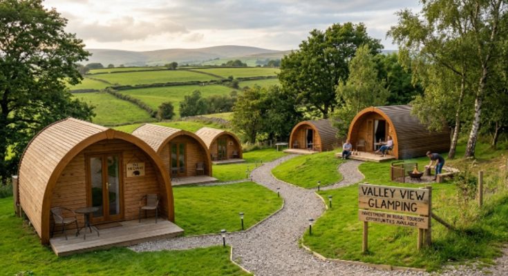 A scenic UK glamping site with wooden pods nestled in green countryside, representing the growing trend of Brits investing in camping land for income