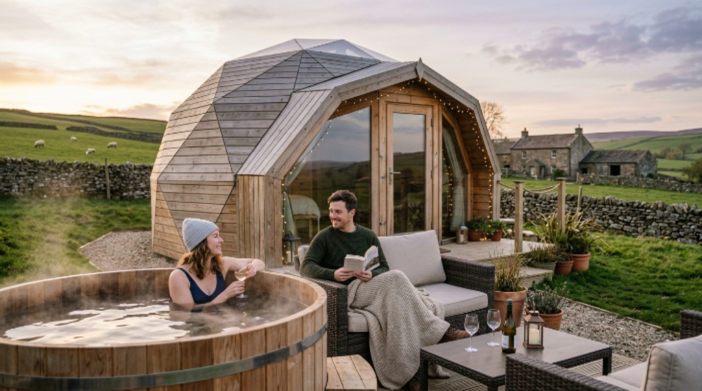 A couple relaxing outside a luxury glamping pod with a private hot tub on a rural UK farm, showing the premium experience driving high nightly rates