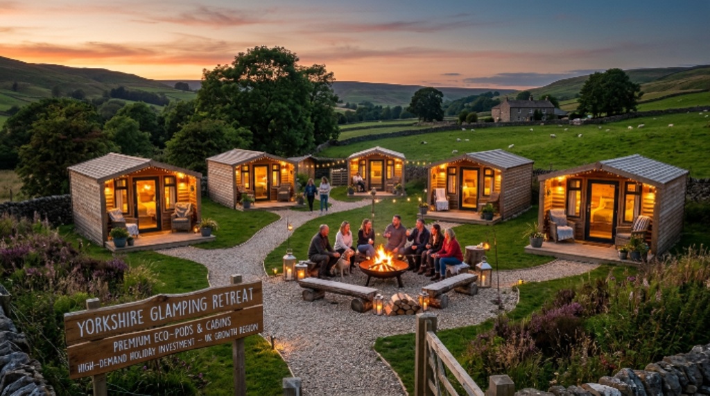A rural glamping site in Yorkshire with wooden pods and a fire pit area at dusk, illustrating a profitable camping land investment in a UK growth region
