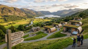 A scenic glamping pod site on a hillside in the Lake District with views across a valley, representing a UK camping land investment opportunity in 2026
