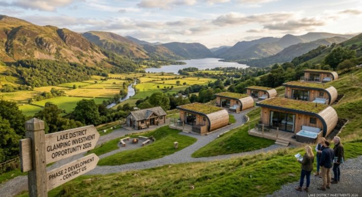 A scenic glamping pod site on a hillside in the Lake District with views across a valley, representing a UK camping land investment opportunity in 2026