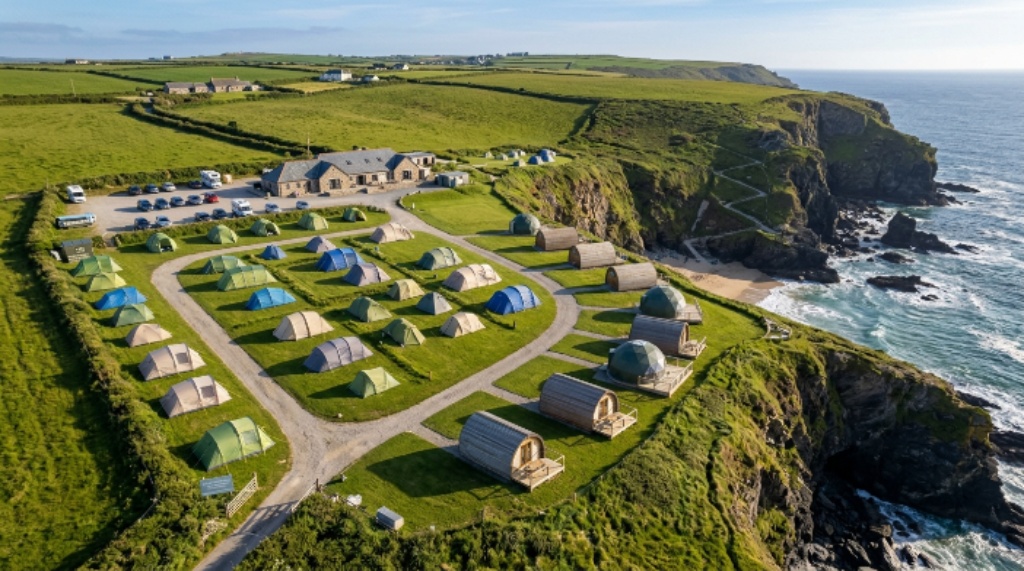 An aerial view of a coastal camping site in Cornwall with pitched tents and glamping pods near the cliff edge, showing prime UK camping land investment potential