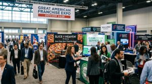 Attendees exploring franchise booths at the Great American Franchise Expo Denver 2026 inside a large convention hall