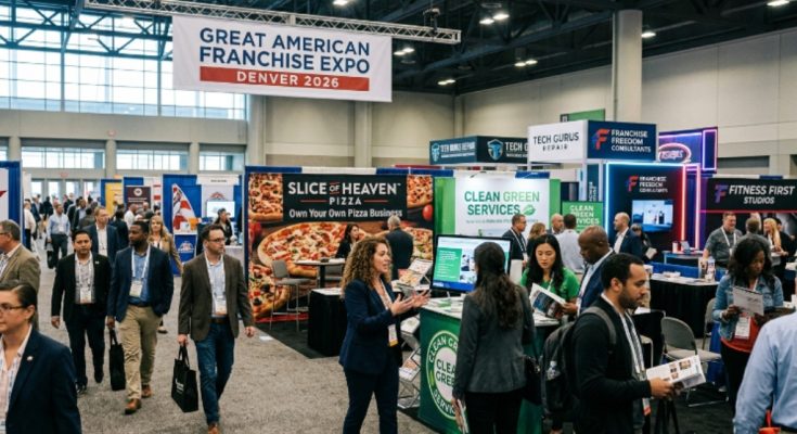 Attendees exploring franchise booths at the Great American Franchise Expo Denver 2026 inside a large convention hall