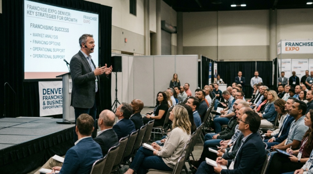 A franchise expo seminar in progress with an expert speaker presenting to a seated audience in Denver