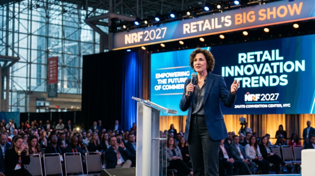 Keynote speaker presenting retail innovation trends on the main stage at NRF 2027 in the Javits Convention Center