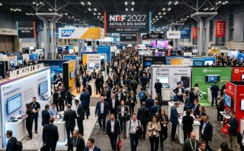 Crowded exhibition floor at NRF 2027 Retail's Big Show with exhibitors showcasing technology solutions in New York City