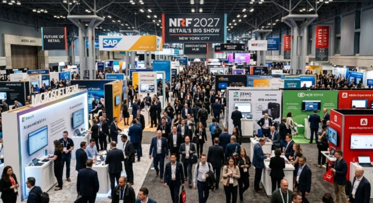Crowded exhibition floor at NRF 2027 Retail's Big Show with exhibitors showcasing technology solutions in New York City