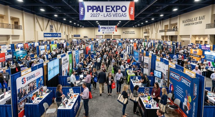 PPAI Expo 2027 trade show floor at Mandalay Bay Convention Center Las Vegas with hundreds of exhibitor booths