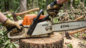 Hands using a tool to adjust a chainsaw guide bar.Hands using a tool to adjust a chainsaw guide bar.