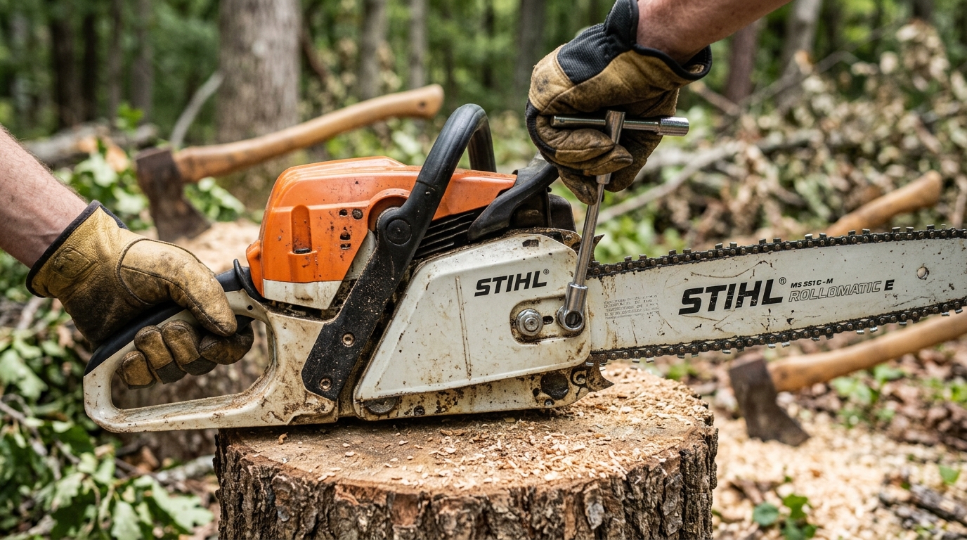 Hands using a tool to adjust a chainsaw guide bar.Hands using a tool to adjust a chainsaw guide bar.