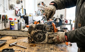 Worker inspecting a chainsaw engine on a wooden workshop workbench.