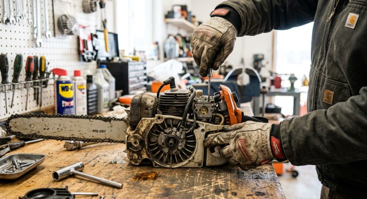 Worker inspecting a chainsaw engine on a wooden workshop workbench.
