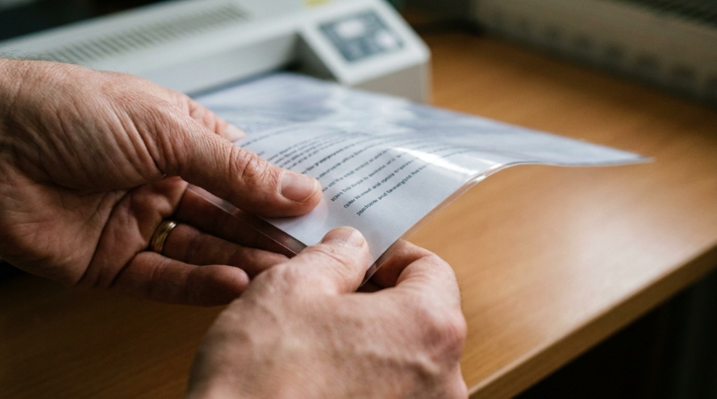 Hands inserting a paper document into a clear thermal pouch.