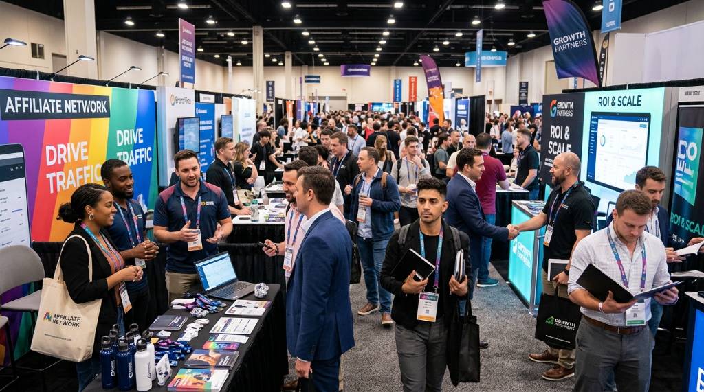 Attendees networking and meeting brands in a busy affiliate marketing exhibit hall