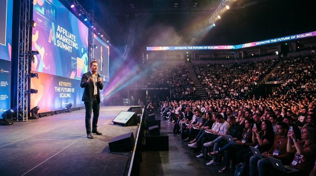 Speaker presenting on stage to a large crowd of affiliate marketers during a keynote