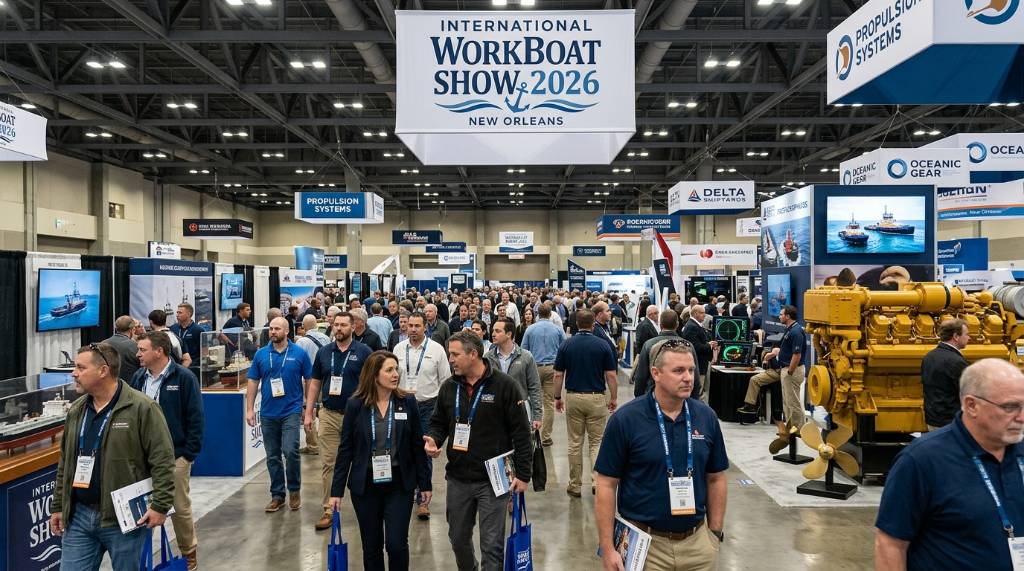 Maritime professionals walking the exhibition floor at the International WorkBoat Show 2026 in New Orleans