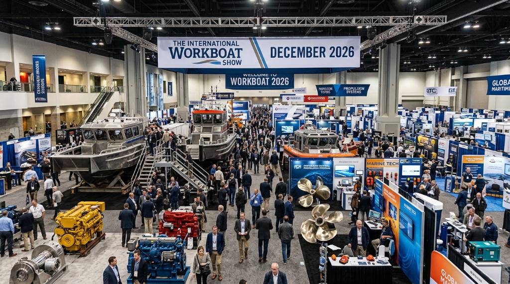 Commercial marine vessels and equipment on display at the WorkBoat Show exhibit hall in December 2026