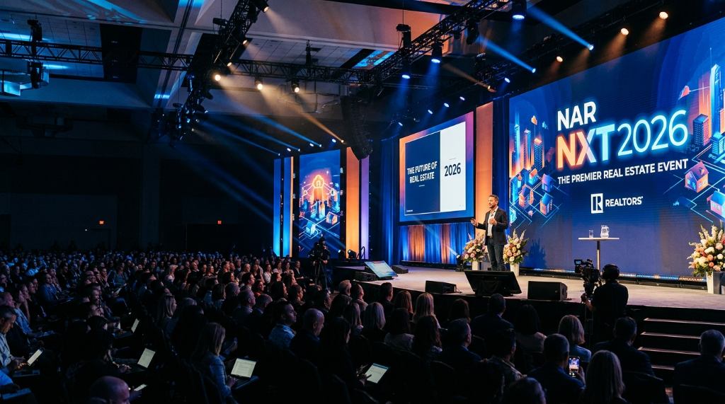 Keynote speaker presenting on stage at NAR NXT 2026 real estate event
