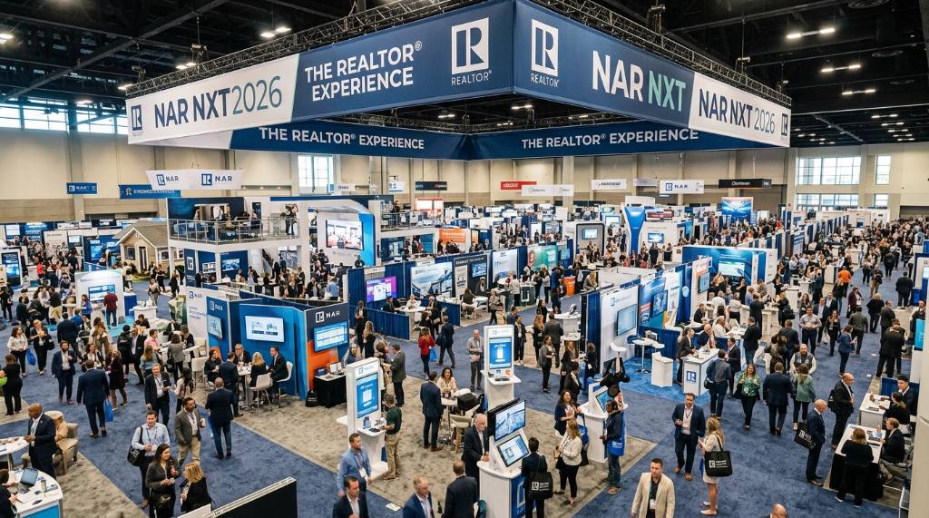 Expo floor at NAR NXT 2026 with hundreds of real estate exhibitor booths